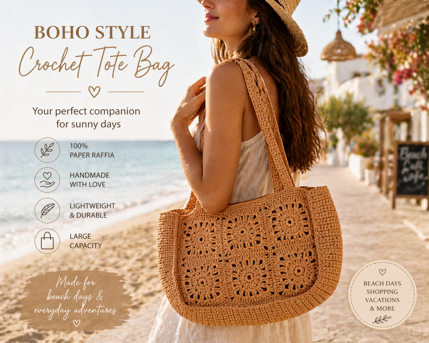 Crochet Raffia Tote Bag Granny Square Boho Beach Bag Handmade Woven Shoulder Bag Summer Shopper Gift for Her
