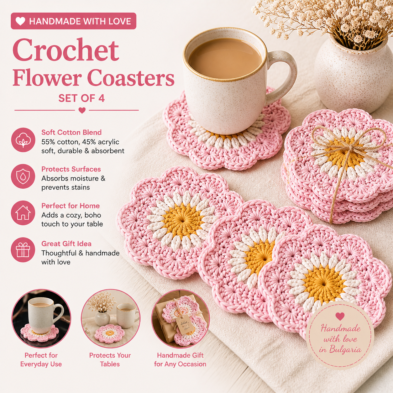 Handmade Crochet Flower Coasters – Set of 4