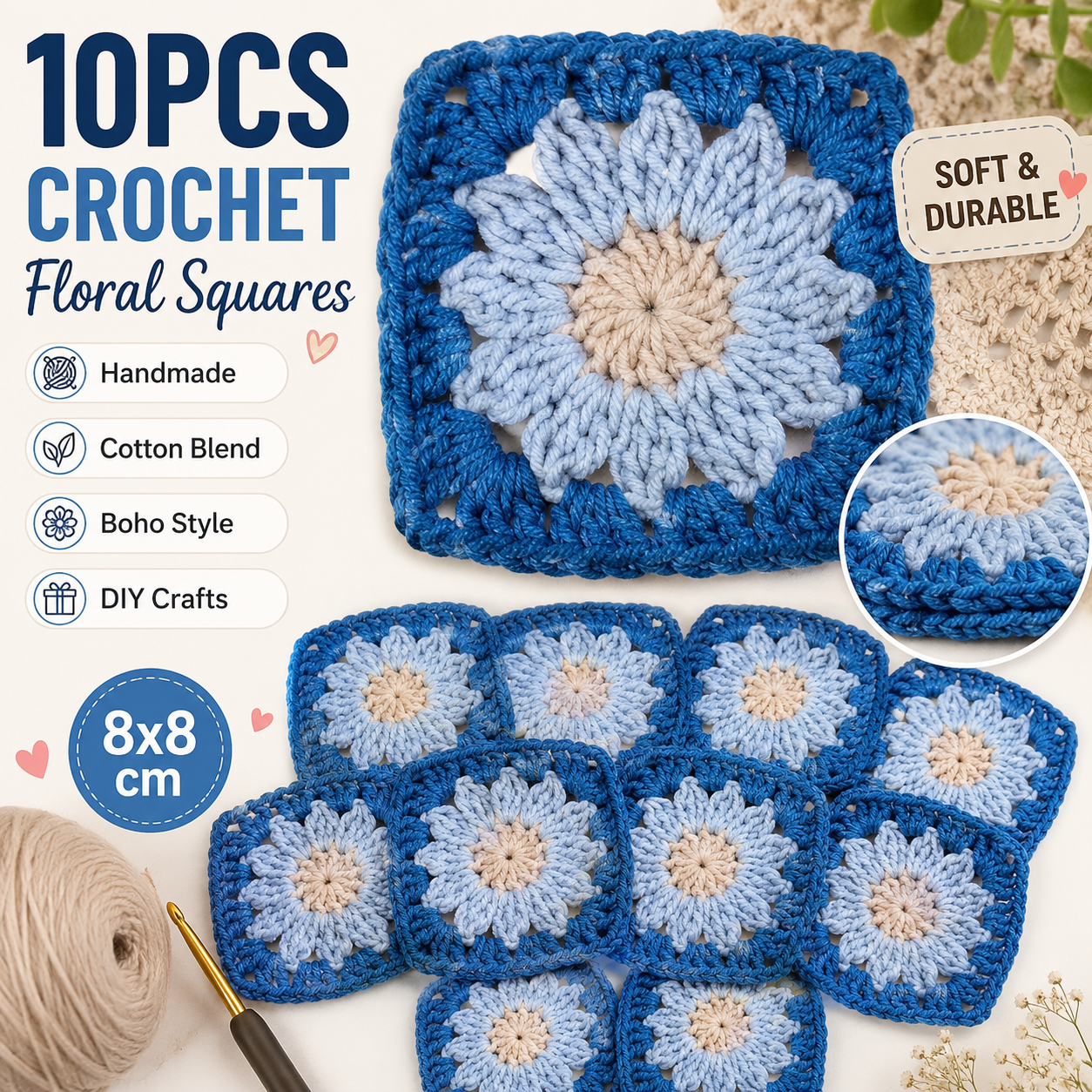 Blue Crochet Flower Granny Squares – 10 Handmade Granny Squares in Neutral Boho Colors (8 cm)