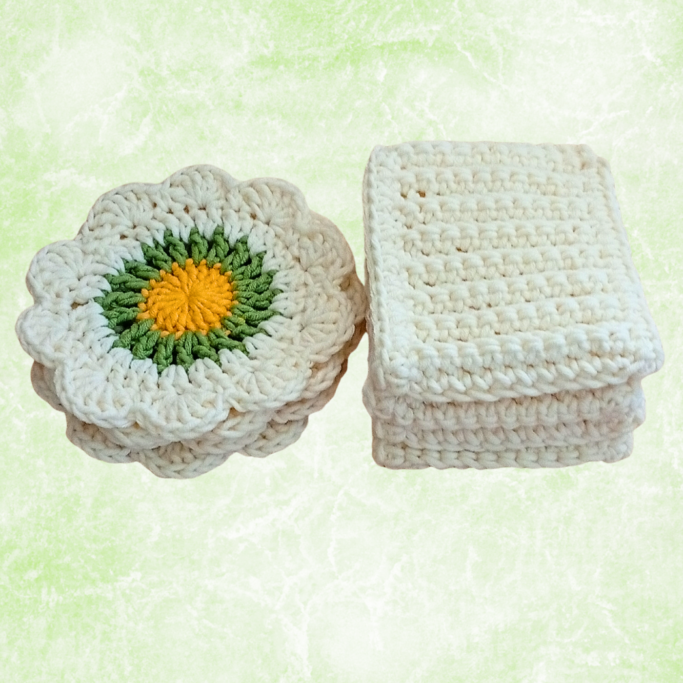 Handmade Crochet Coffee Gift Set – 4 Daisy Coasters & 4 Cup Sleeves (Set of 8)