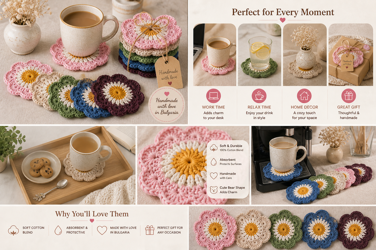 Handmade Crochet Flower Coasters – Set of 4