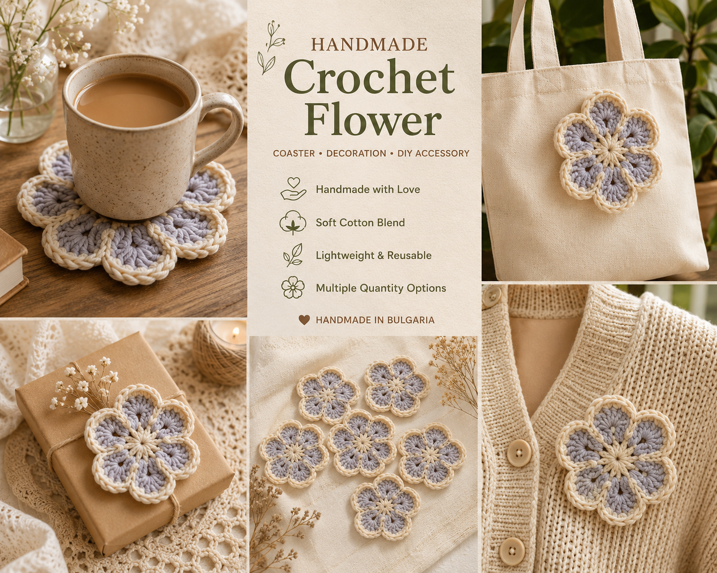 Crochet Flower Appliques – Handmade Cotton Floral Embellishments for Coasters, Bags, Clothing & DIY Crafts (2-20 Pieces)