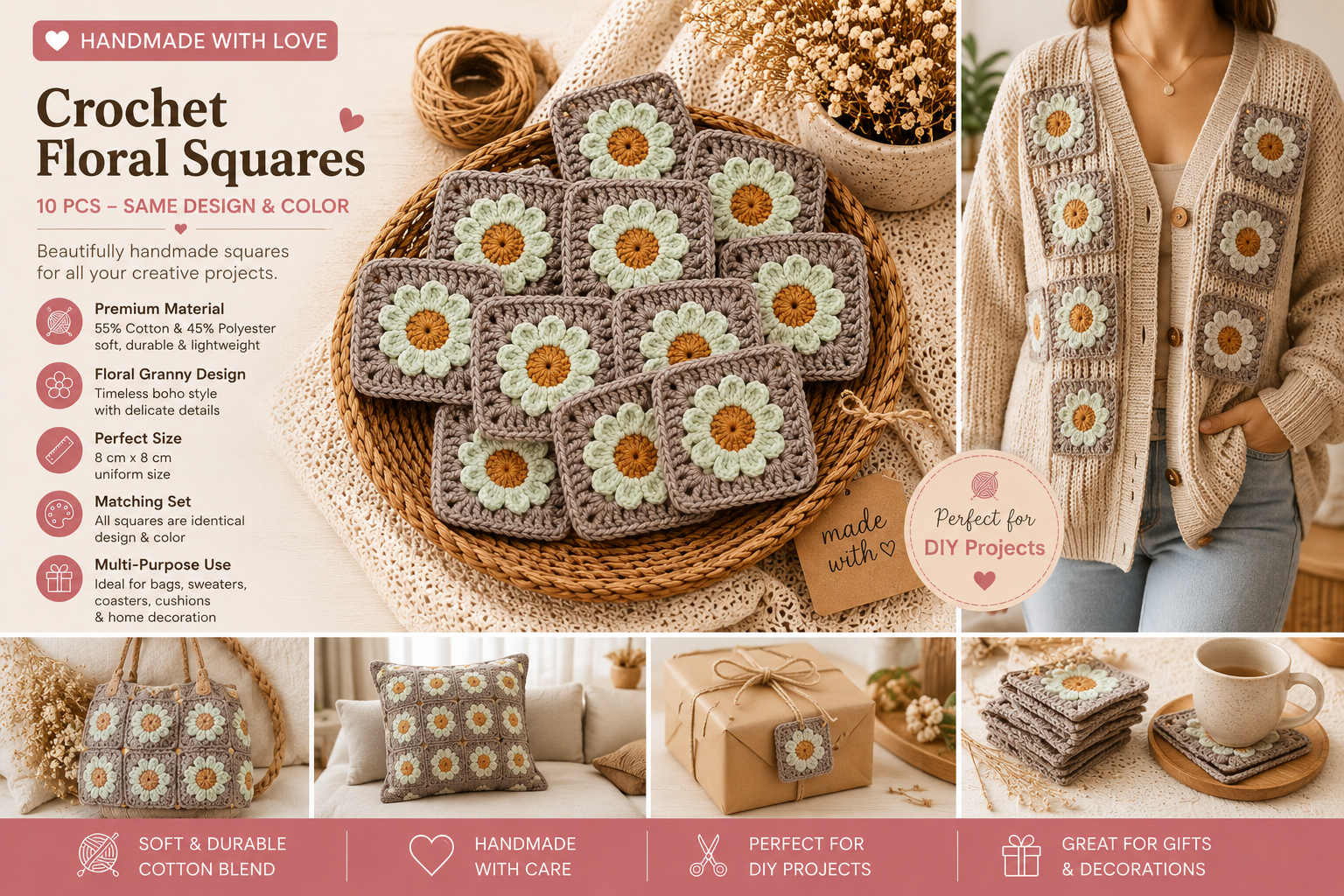 Crochet Daisy Granny Squares – Set of 10 Handmade Floral Motifs (8x8 cm)