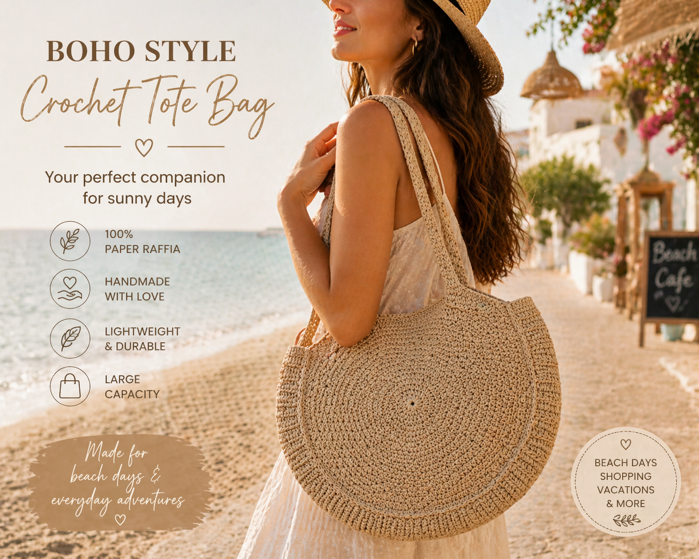 Boho Crochet Tote Bag, Large Raffia Shoulder Bag, Summer Beach Bag, Woven Straw Handbag, Bohemian Shopper Tote, Handmade Knitted Purse