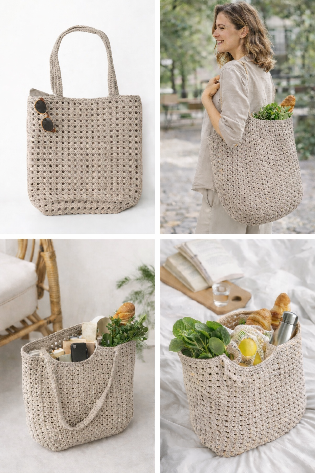 Crochet Tote Bag Large Cotton Market Bag Boho Shoulder Bag Minimalist Knitted Shopper Beach Bag Handmade Gift