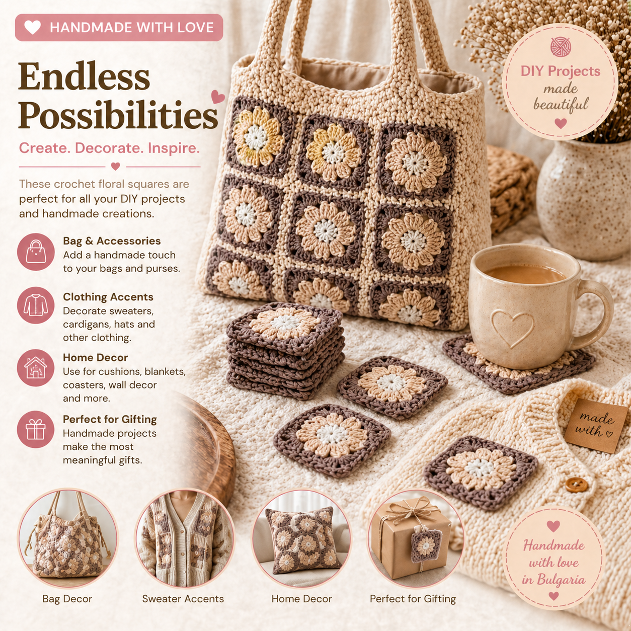 Crochet Floral Squares Set – 10 Handmade Granny Squares in Neutral Boho Colors (8 cm)