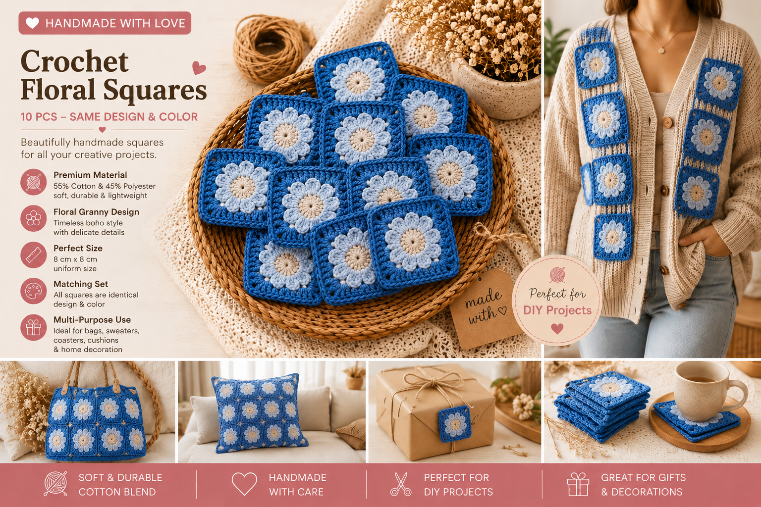 Blue Crochet Flower Granny Squares – 10 Handmade Granny Squares in Neutral Boho Colors (8 cm)