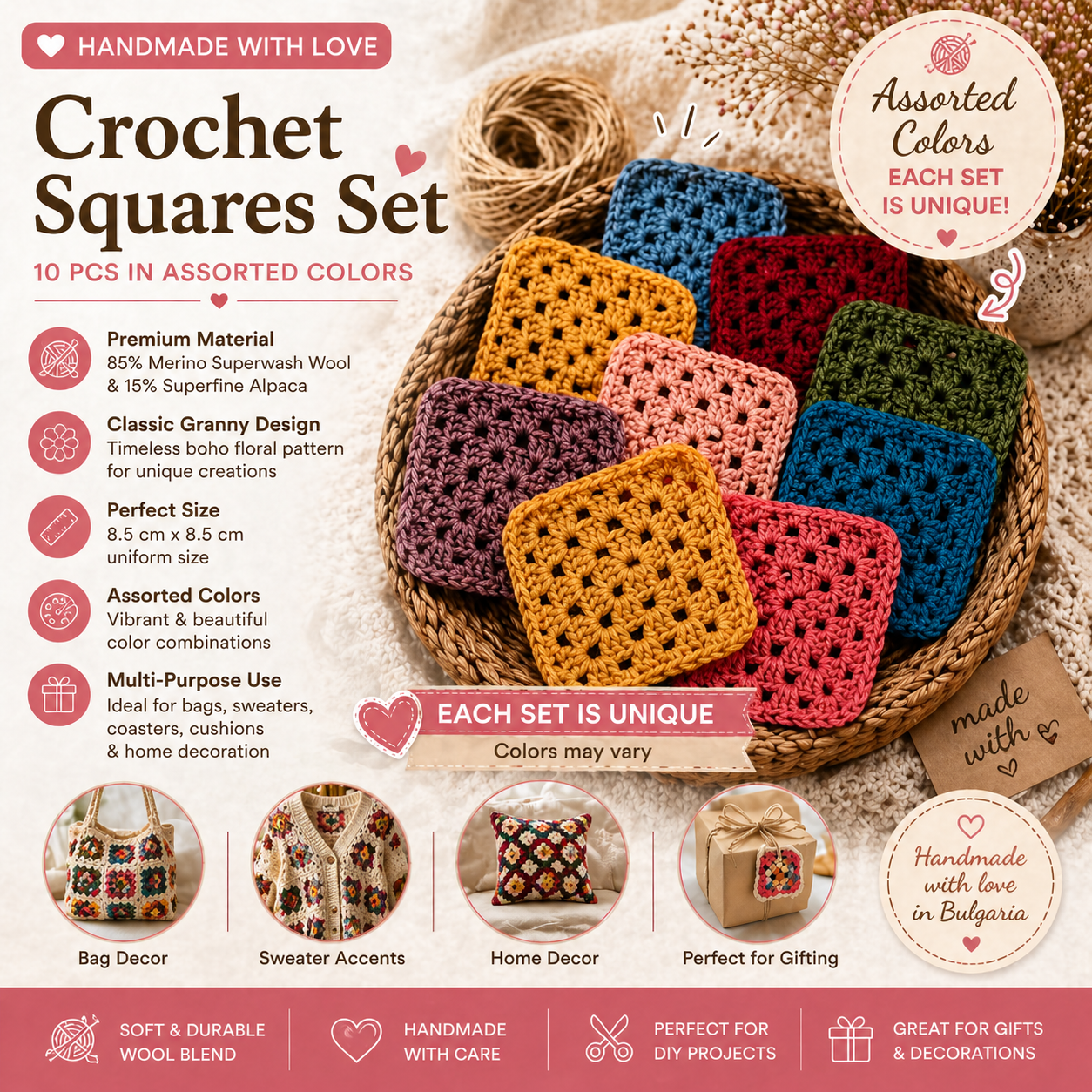 Handmade Crochet Granny Squares Set – 10 Assorted Colors for DIY Crafts & Home Decor