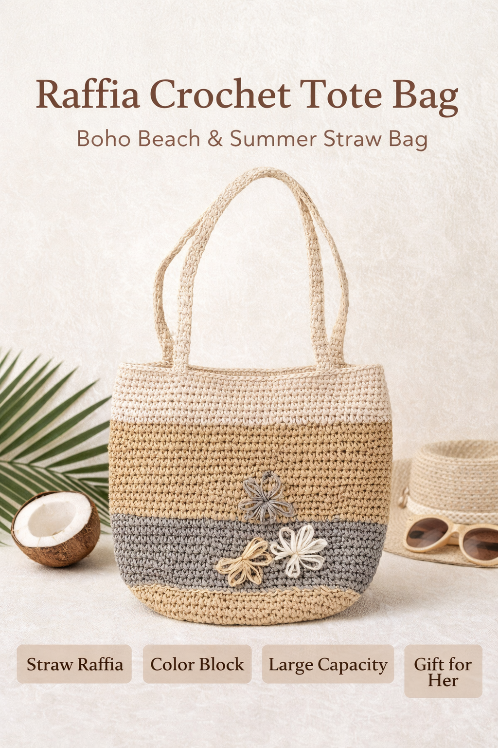 Raffia Crochet Tote Bag Boho Beach Bag Color Block Shoulder Bag Large Summer Shopper Straw Bag Gift for Her