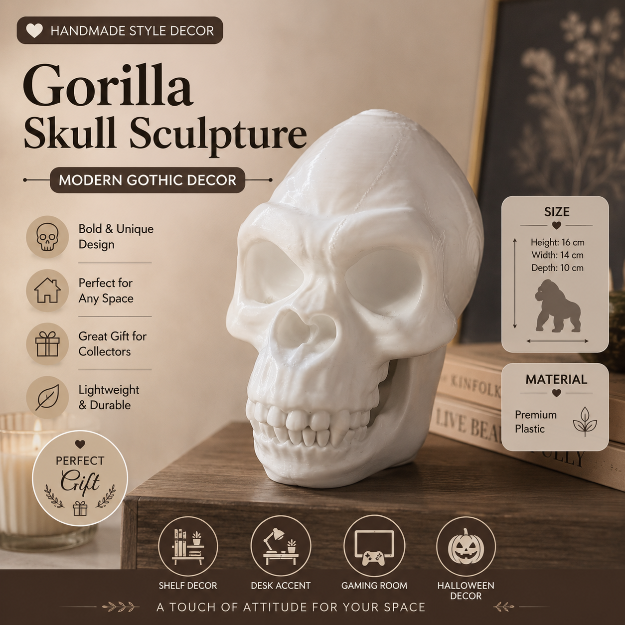 Gorilla Skull Sculpture – White Gothic Decor Statue,  (16cm)