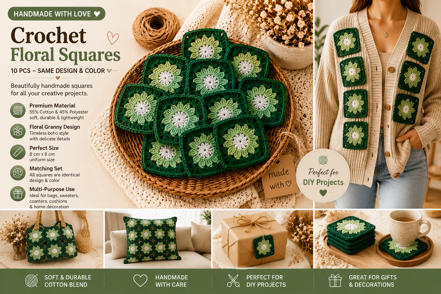 Green Crochet Flower Granny Squares – 10 Handmade Granny Squares in Neutral Boho Colors (8 cm)