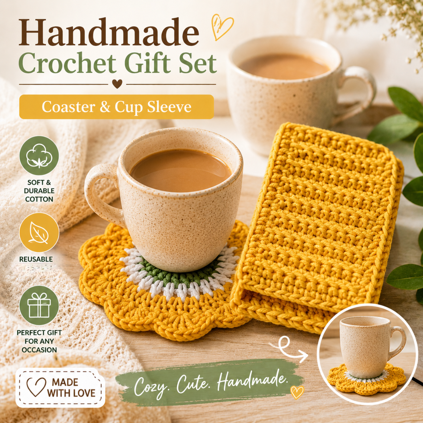 Handmade Crochet Coffee Gift Set – 4 Daisy Coasters & 4 Cup Sleeves (Set of 8)