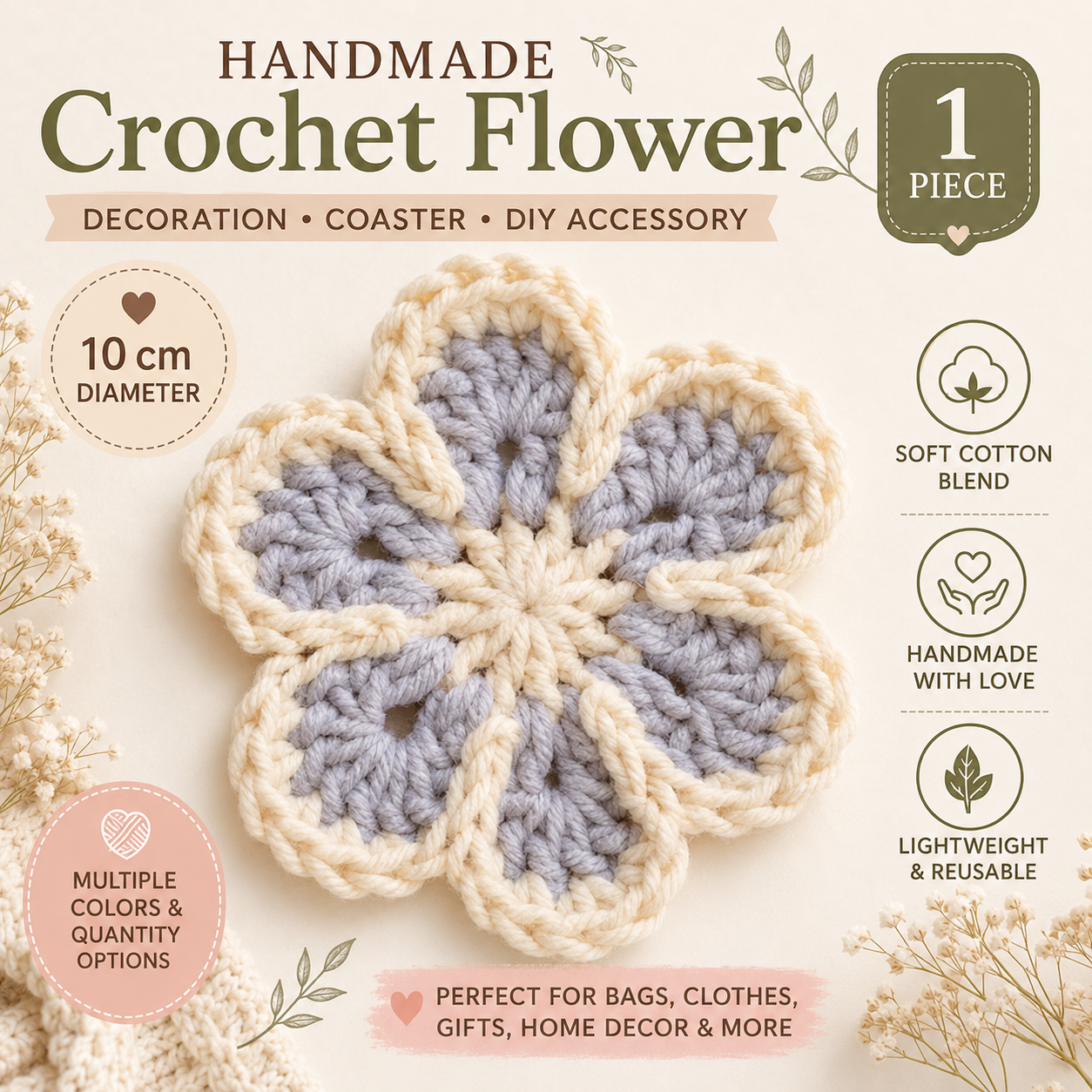 Crochet Flower Appliques – Handmade Cotton Floral Embellishments for Coasters, Bags, Clothing & DIY Crafts (2-20 Pieces)