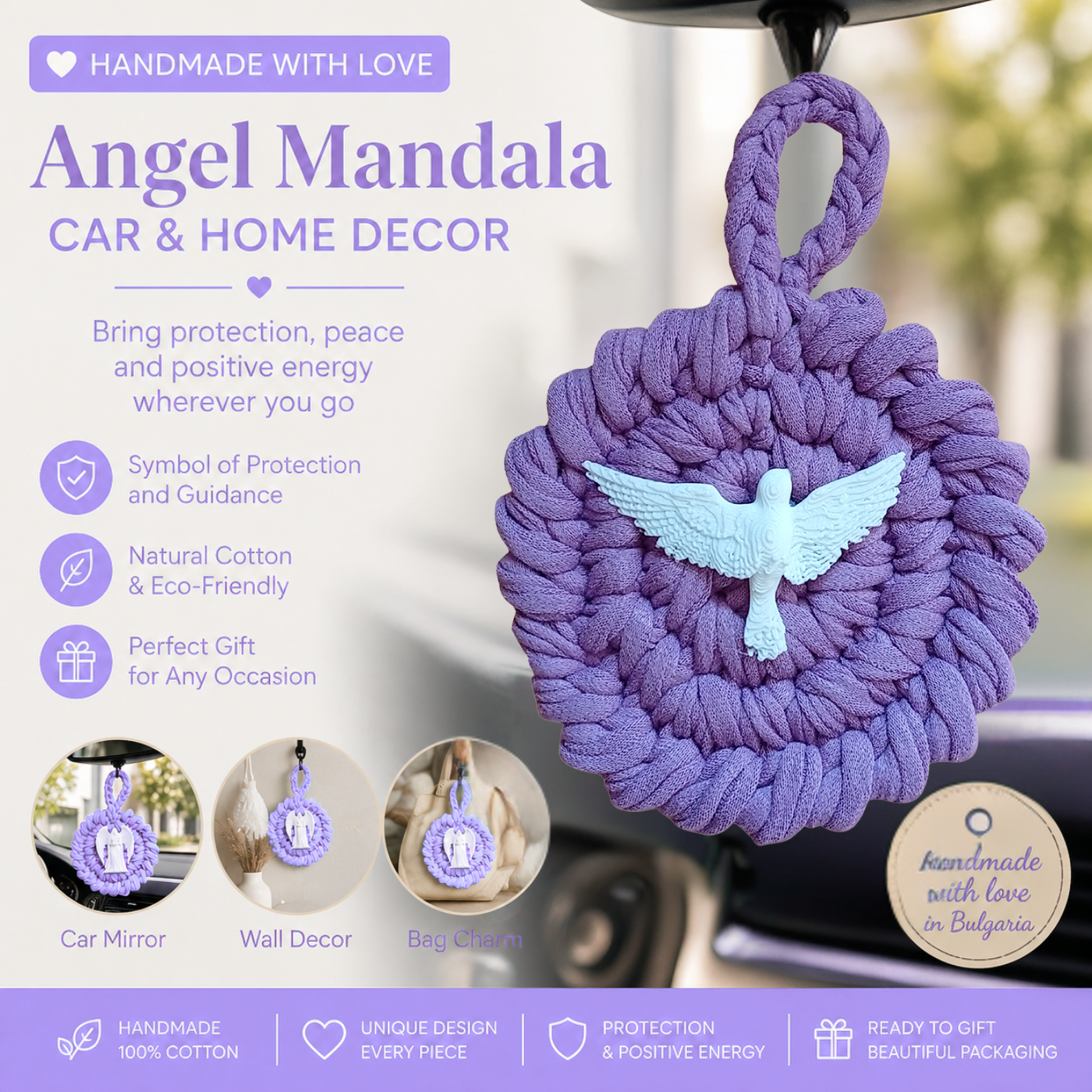 Handmade Crochet Mandala Hanging Ornament – Boho Car Mirror Charm, Cotton Wall Decor, Bag Accessory, Angel Pendant Gift