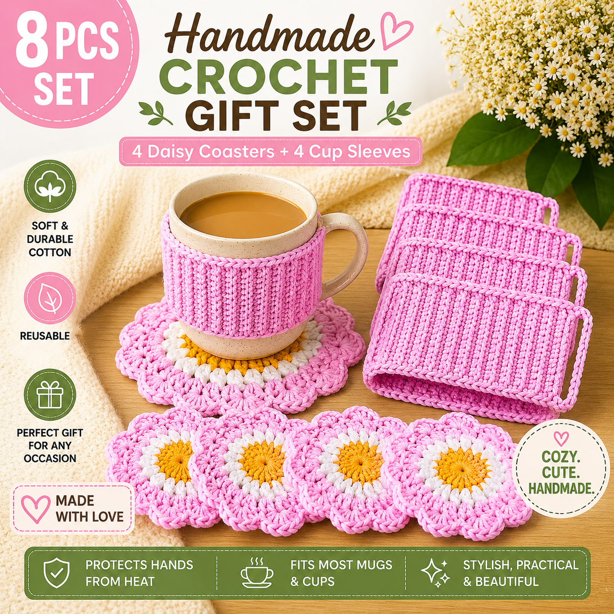 Handmade Crochet Coffee Gift Set – 4 Daisy Coasters & 4 Cup Sleeves (Set of 8)