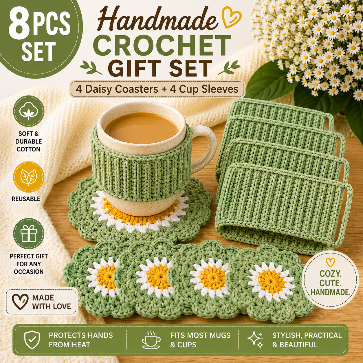 Handmade Crochet Coffee Gift Set – 4 Daisy Coasters & 4 Cup Sleeves (Set of 8)