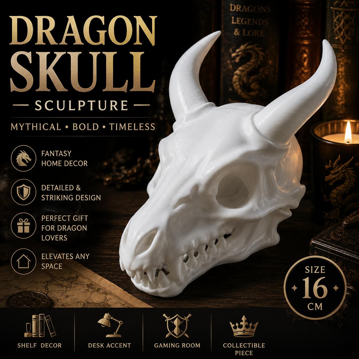 Big Dragon Skull Sculpture, White Minimalist Dragon Head Ornament, 16cm