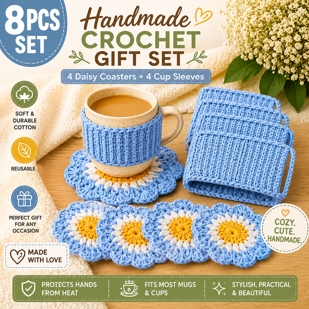 Handmade Crochet Coffee Gift Set – 4 Daisy Coasters & 4 Cup Sleeves (Set of 8)