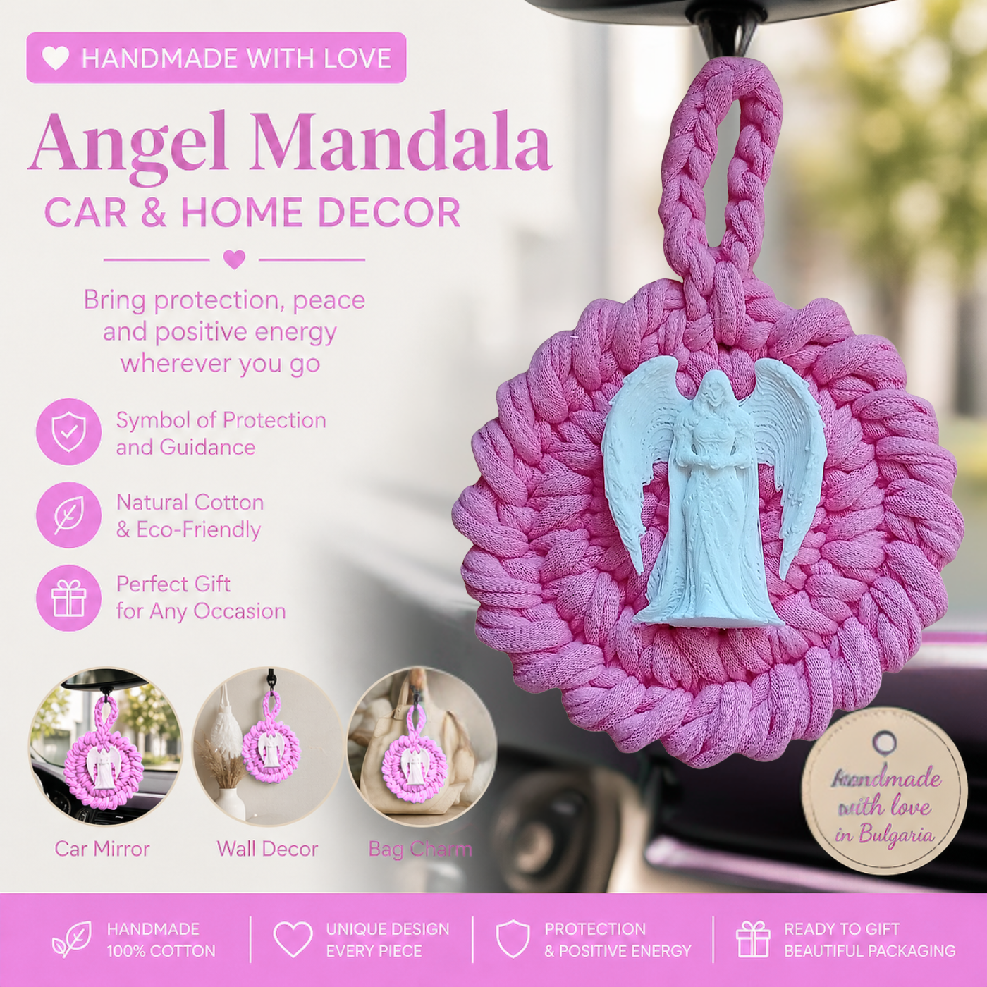 Handmade Crochet Mandala Hanging Ornament – Boho Car Mirror Charm, Cotton Wall Decor, Bag Accessory, Angel Pendant Gift