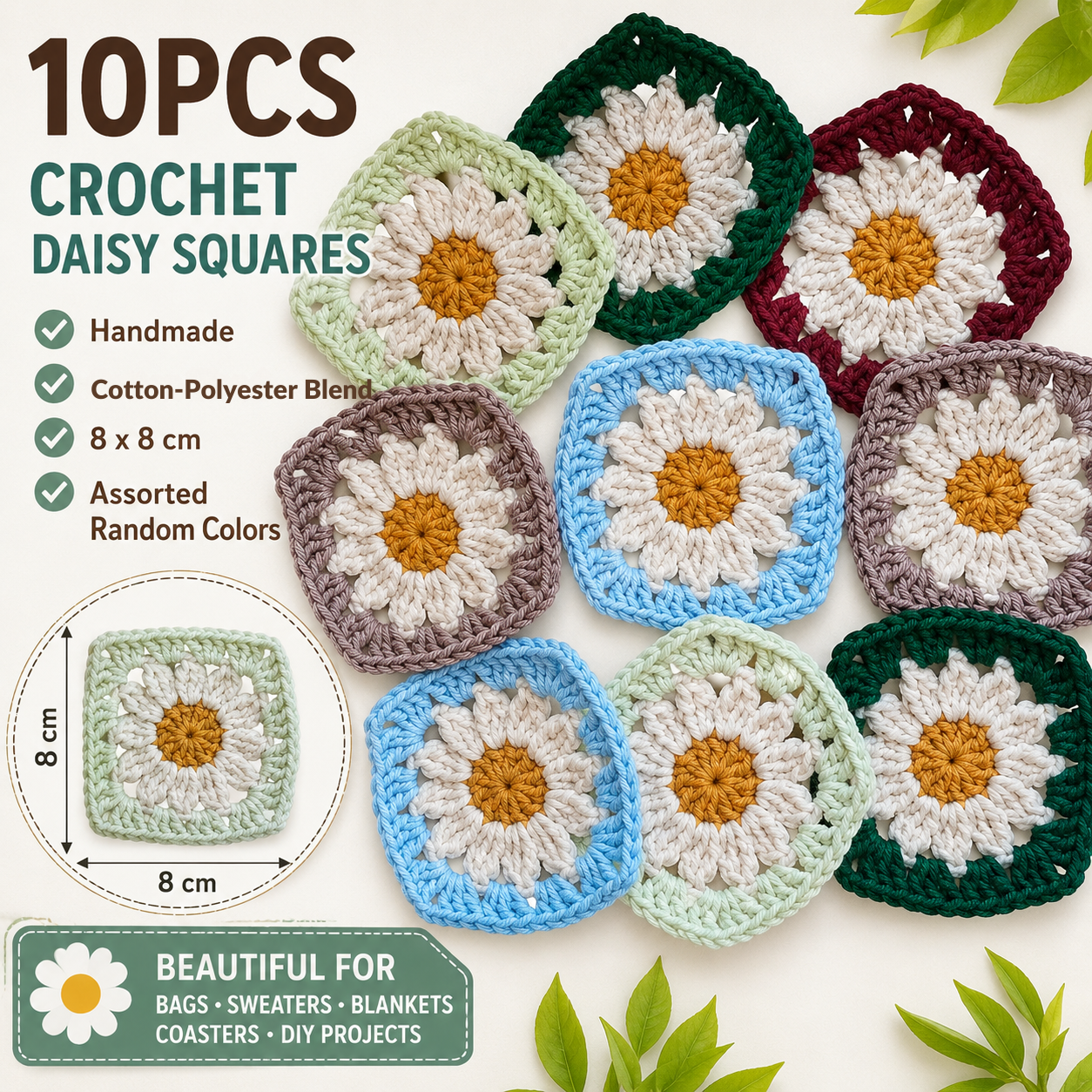 10PCS Handmade Crochet Daisy Granny Squares 8x8cm – Assorted Random Colors Floral Motifs, Cotton Blend Appliques for Bags, DIY Crafts