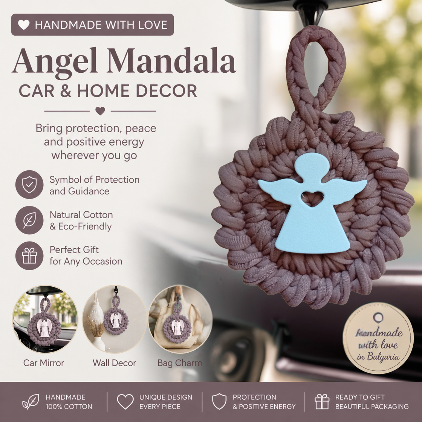 Handmade Crochet Mandala Hanging Ornament – Boho Car Mirror Charm, Cotton Wall Decor, Bag Accessory, Angel Pendant Gift
