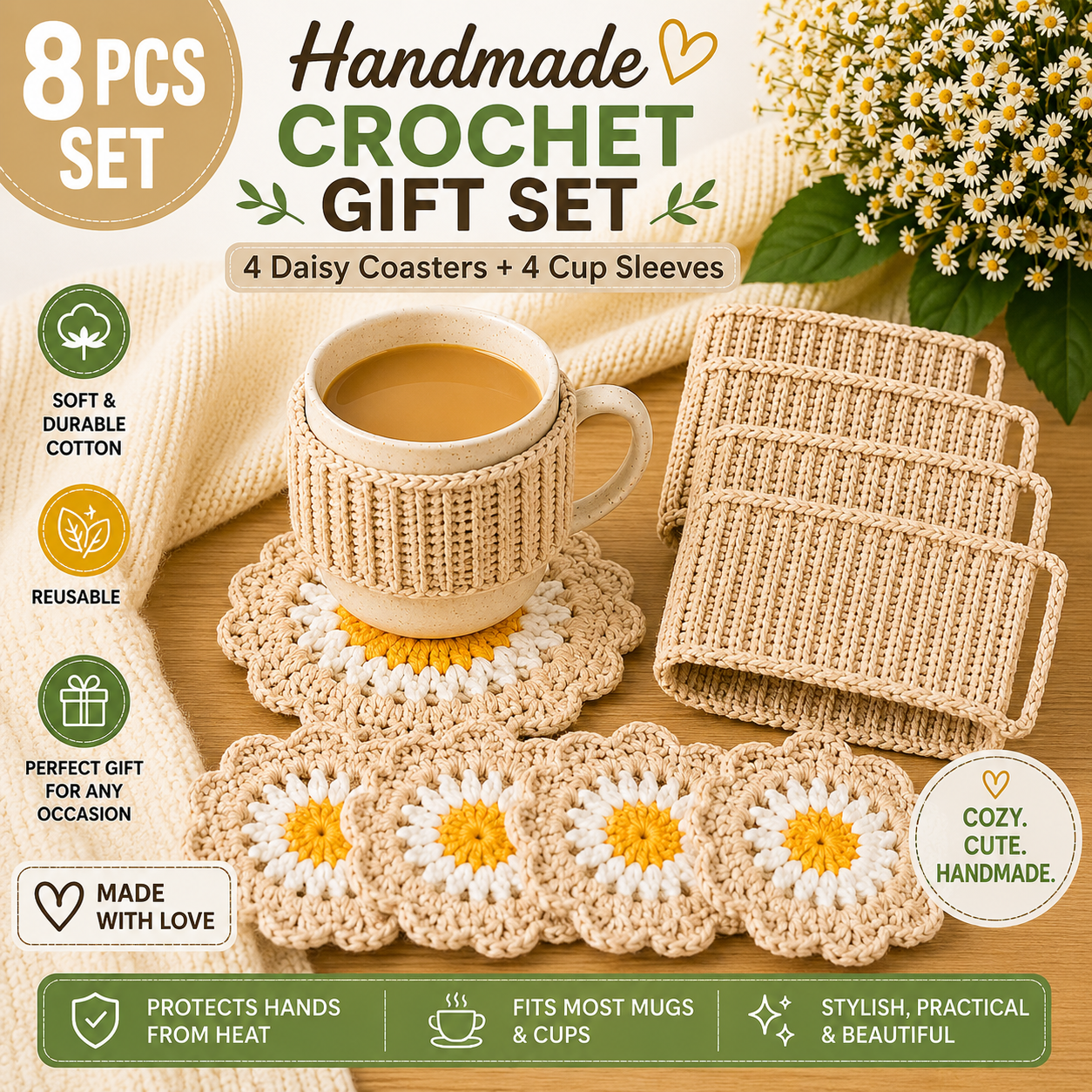 Handmade Crochet Coffee Gift Set – 4 Daisy Coasters & 4 Cup Sleeves (Set of 8)