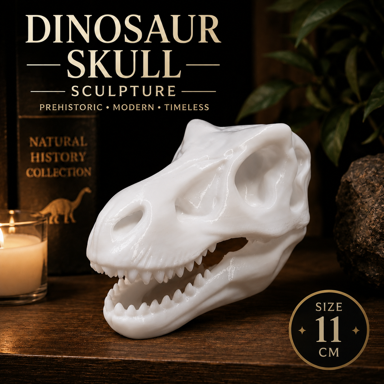 Dinosaur Skull Sculpture – Modern Prehistoric Decor Statue, (11cm)