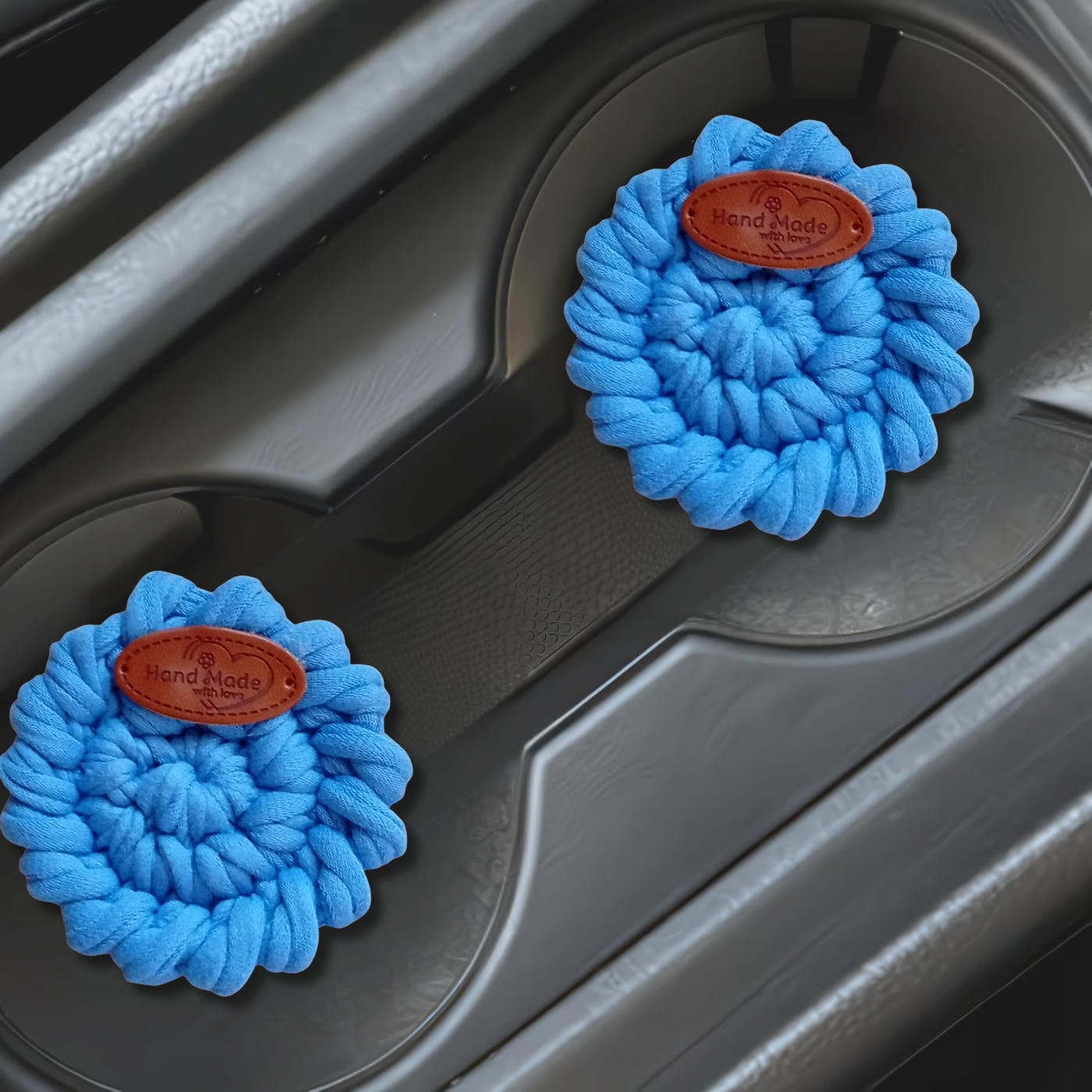 Handmade Crochet Car Coasters Set of 2 – Cotton Cup Holder Inserts 7.5cm, Absorbent Boho Car Accessories