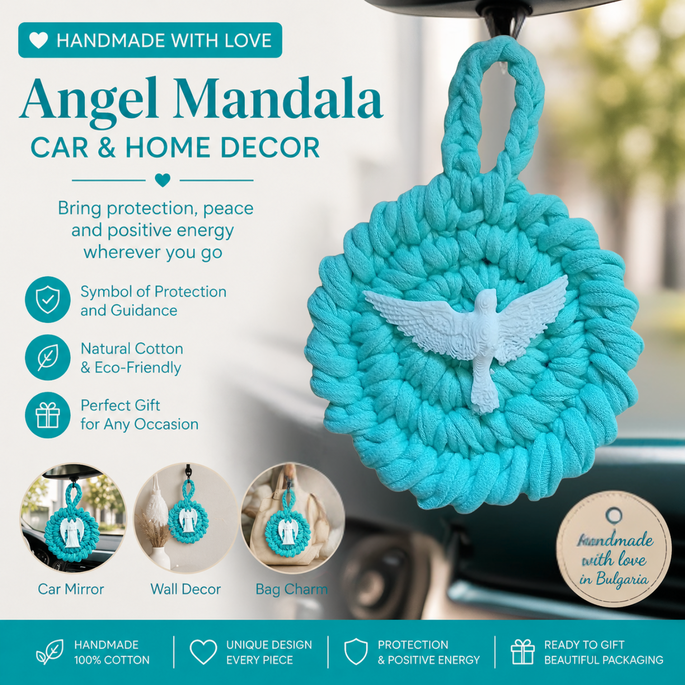 Handmade Crochet Mandala Hanging Ornament – Boho Car Mirror Charm, Cotton Wall Decor, Bag Accessory, Angel Pendant Gift