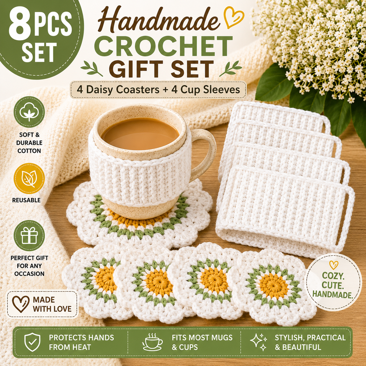 Handmade Crochet Coffee Gift Set – 4 Daisy Coasters & 4 Cup Sleeves (Set of 8)
