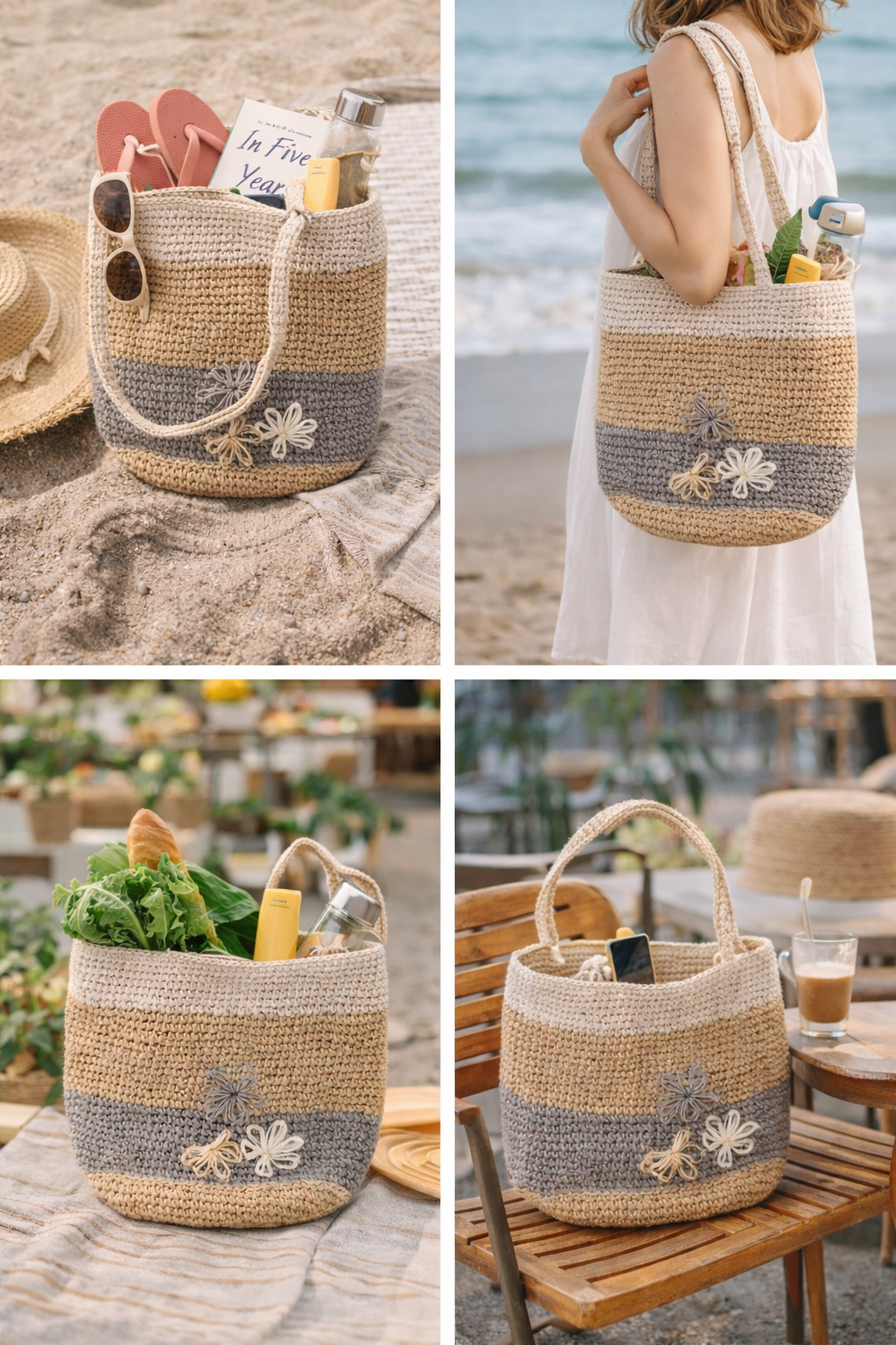 Raffia Crochet Tote Bag Boho Beach Bag Color Block Shoulder Bag Large Summer Shopper Straw Bag Gift for Her