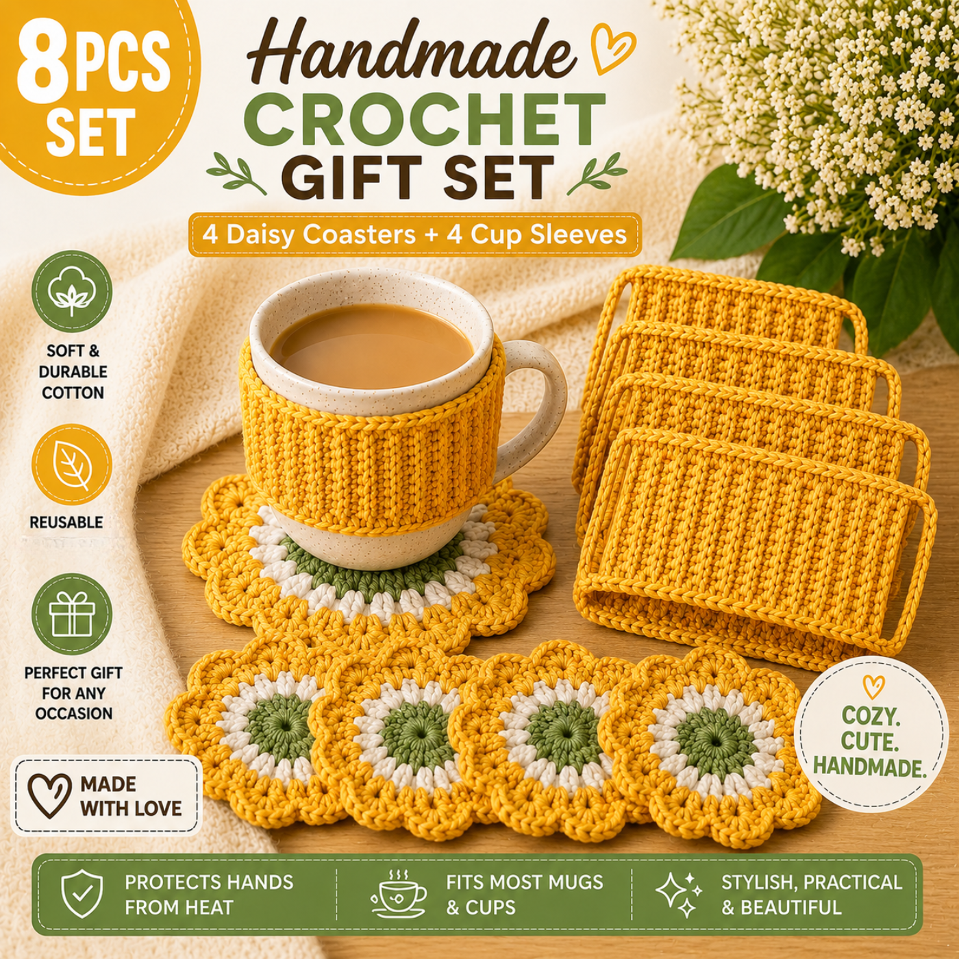 Handmade Crochet Coffee Gift Set – 4 Daisy Coasters & 4 Cup Sleeves (Set of 8)