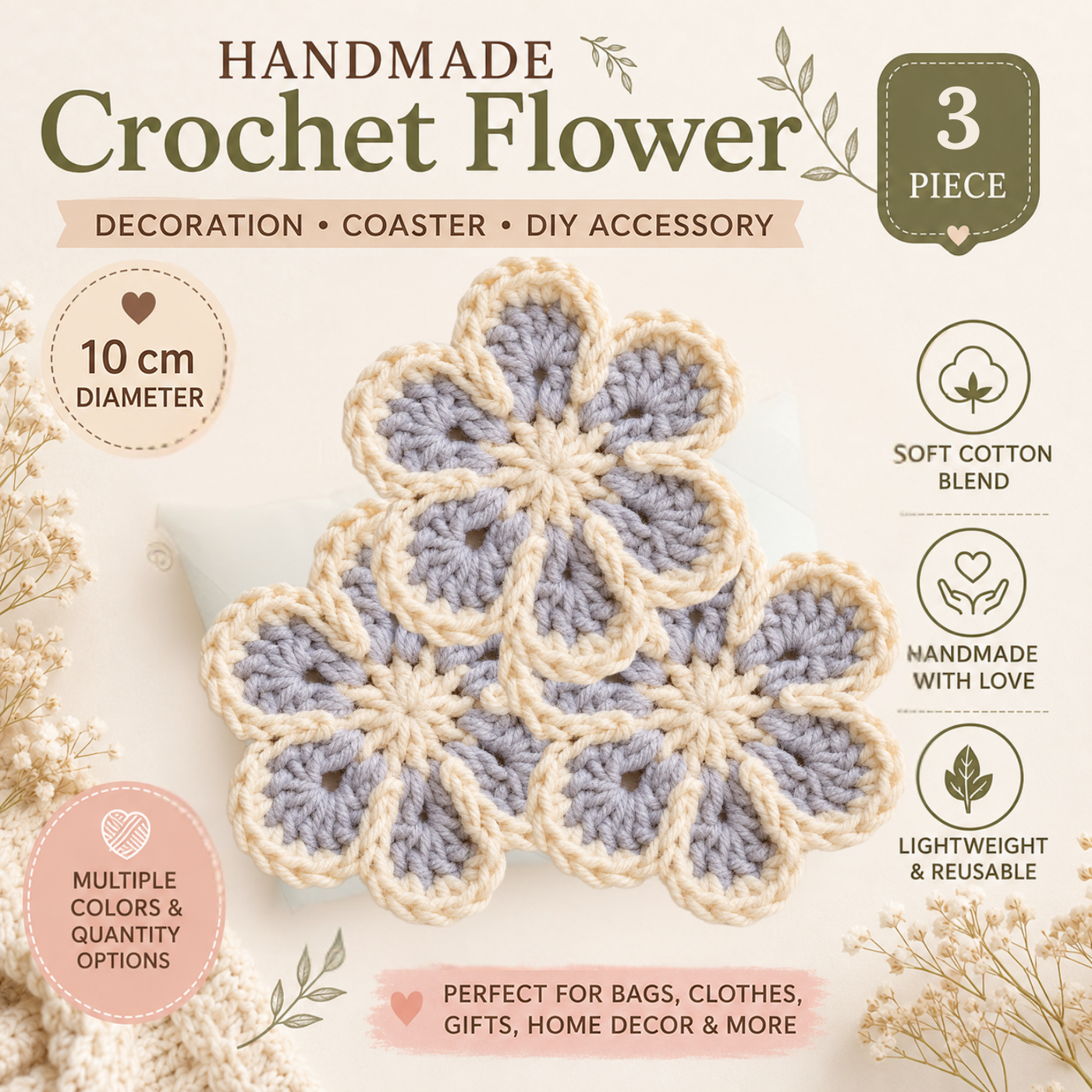 Crochet Flower Appliques – Handmade Cotton Floral Embellishments for Coasters, Bags, Clothing & DIY Crafts (2-20 Pieces)
