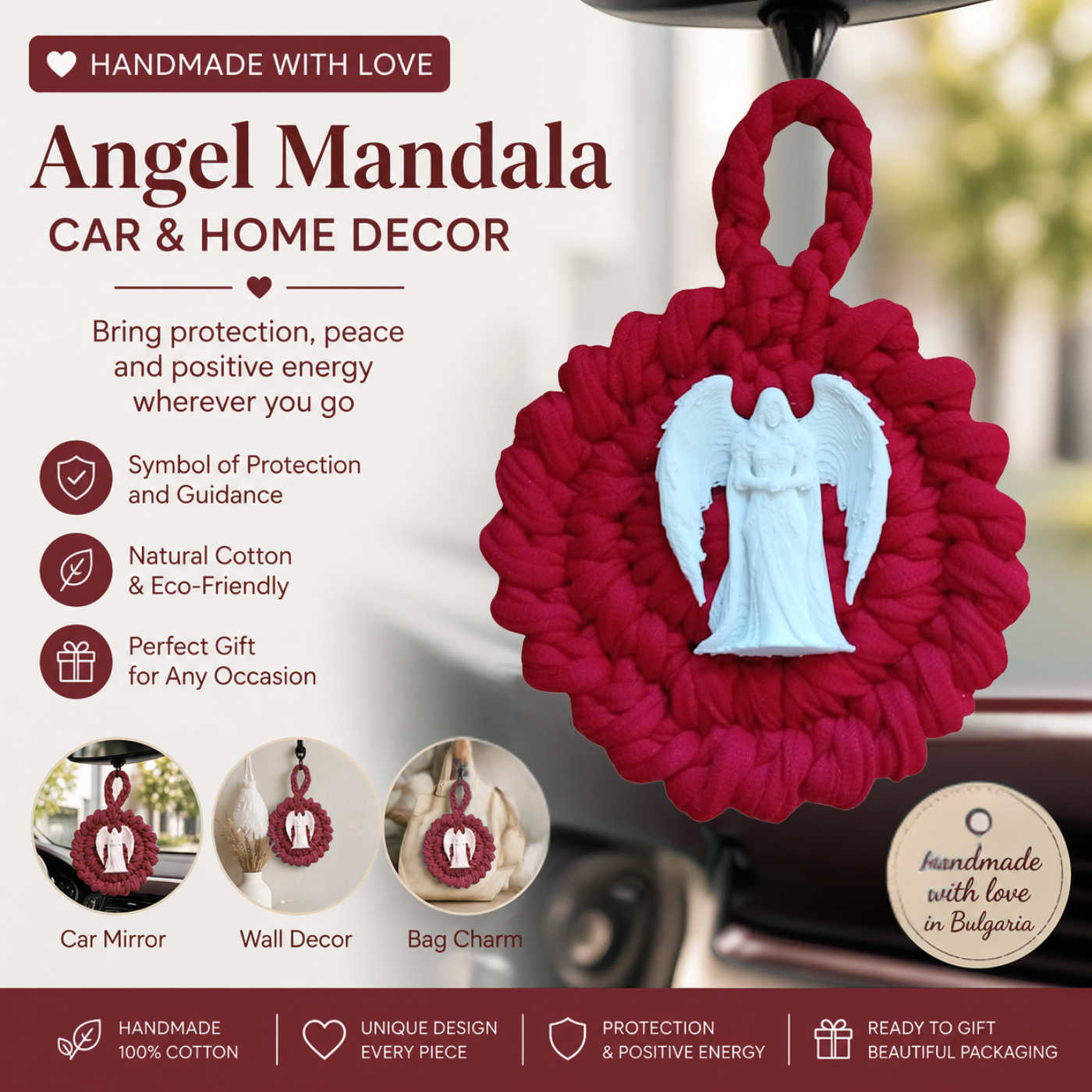 Handmade Crochet Mandala Hanging Ornament – Boho Car Mirror Charm, Cotton Wall Decor, Bag Accessory, Angel Pendant Gift