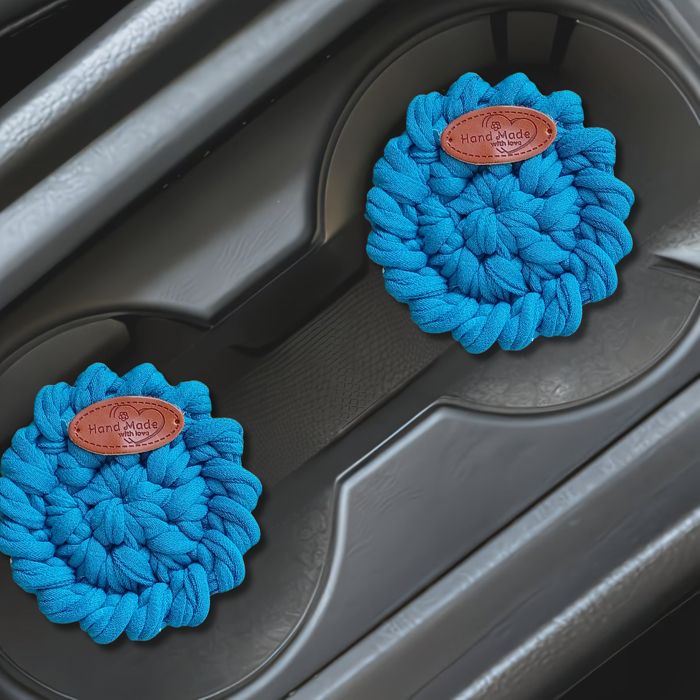 Handmade Crochet Car Coasters Set of 2 – Cotton Cup Holder Inserts 7.5cm, Absorbent Boho Car Accessories