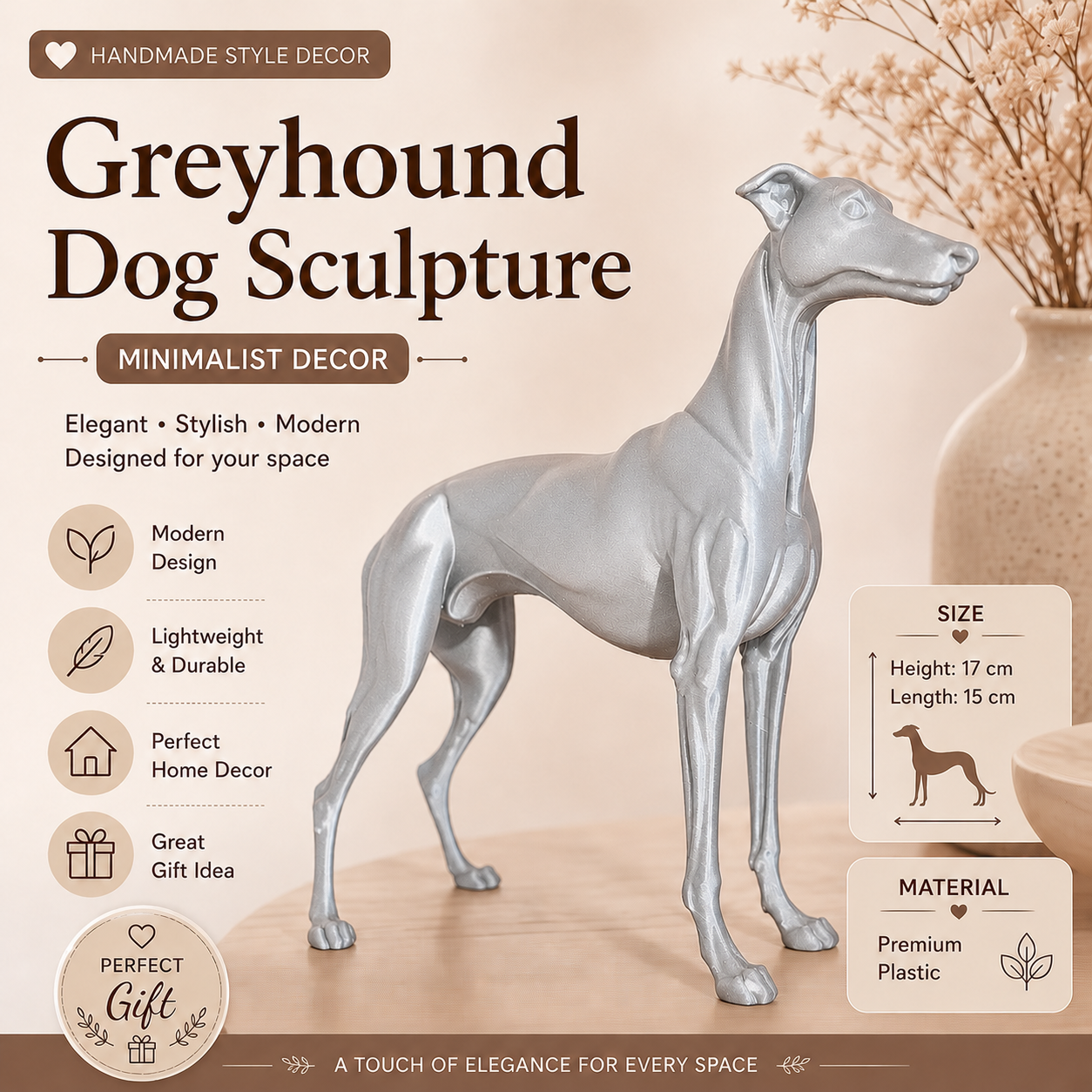 Greyhound Dog Sculpture – Luxury Minimalist Home Decor Statue, (15cm)