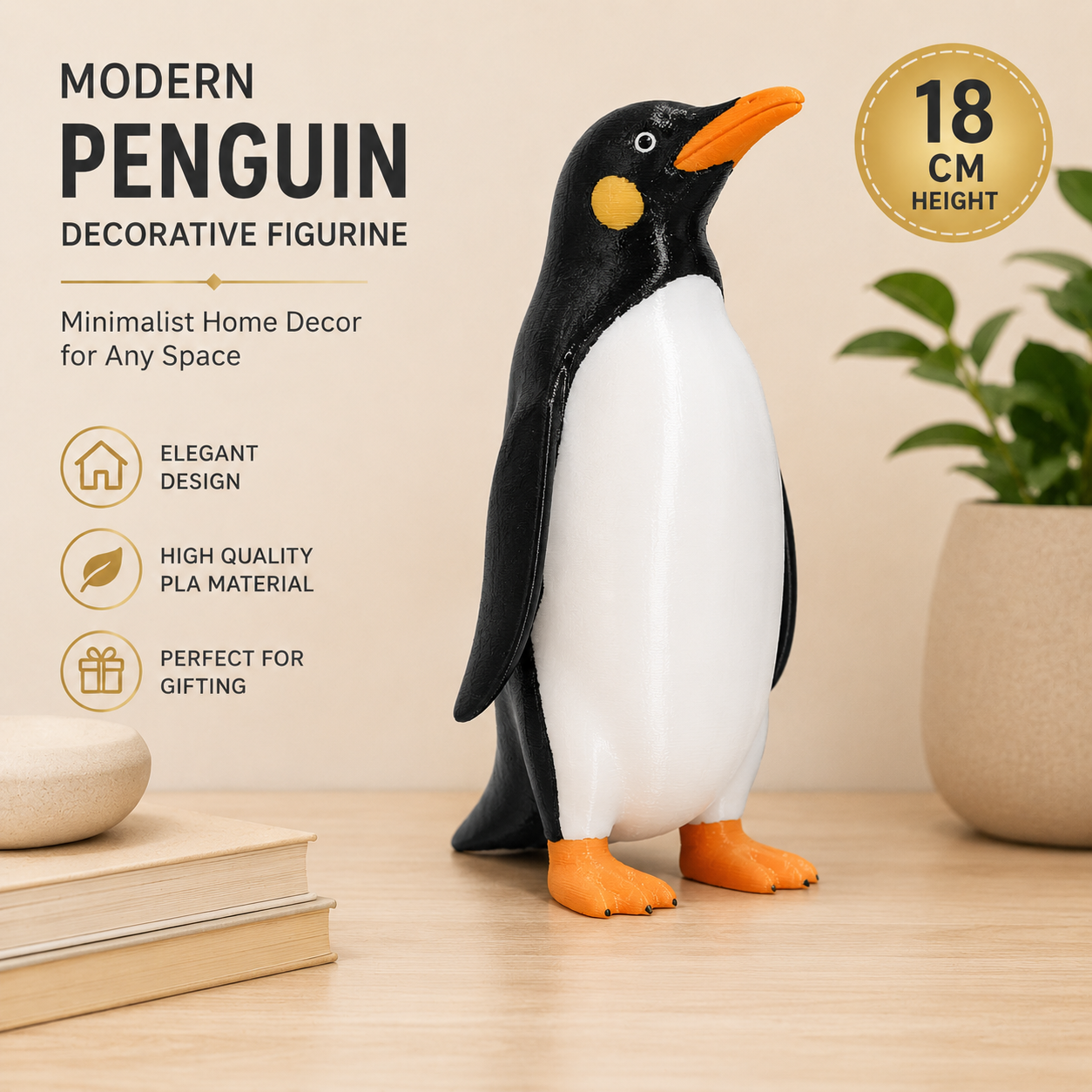 Modern Penguin Decorative Figurine – Minimalist Black & White Home Decor Statue – Cute Desk Ornament for Shelf, Living Room & Office – 18 cm