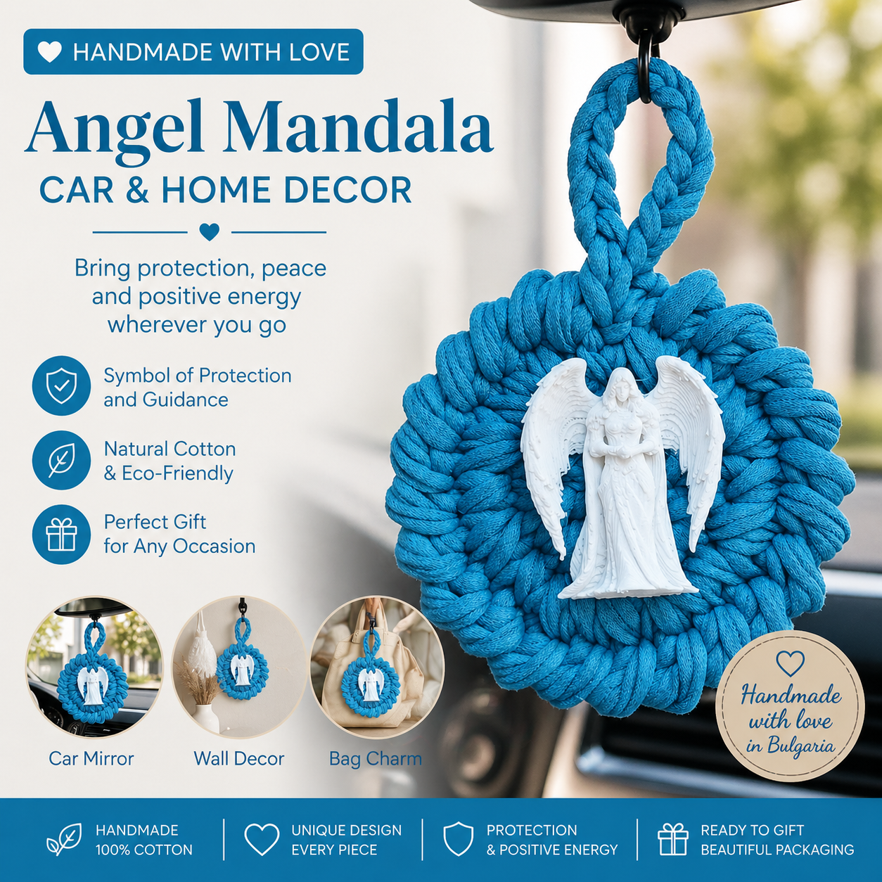 Handmade Crochet Mandala Hanging Ornament – Boho Car Mirror Charm, Cotton Wall Decor, Bag Accessory, Angel Pendant Gift