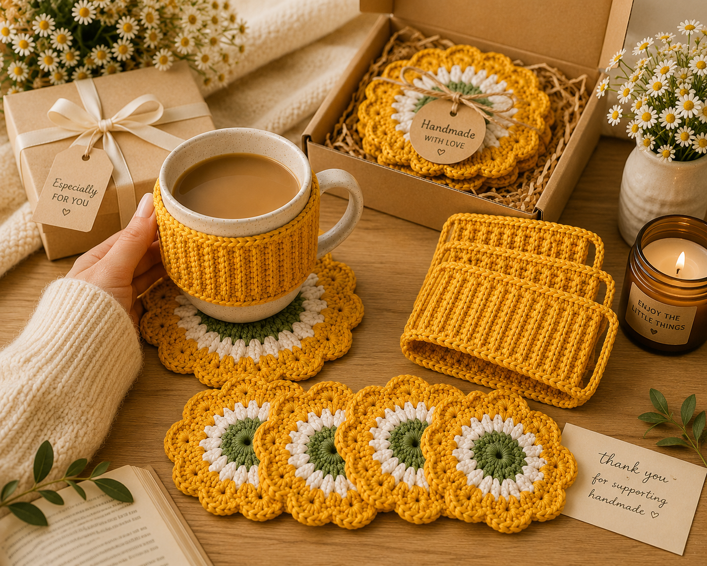 Handmade Crochet Coffee Gift Set – 4 Daisy Coasters & 4 Cup Sleeves (Set of 8)