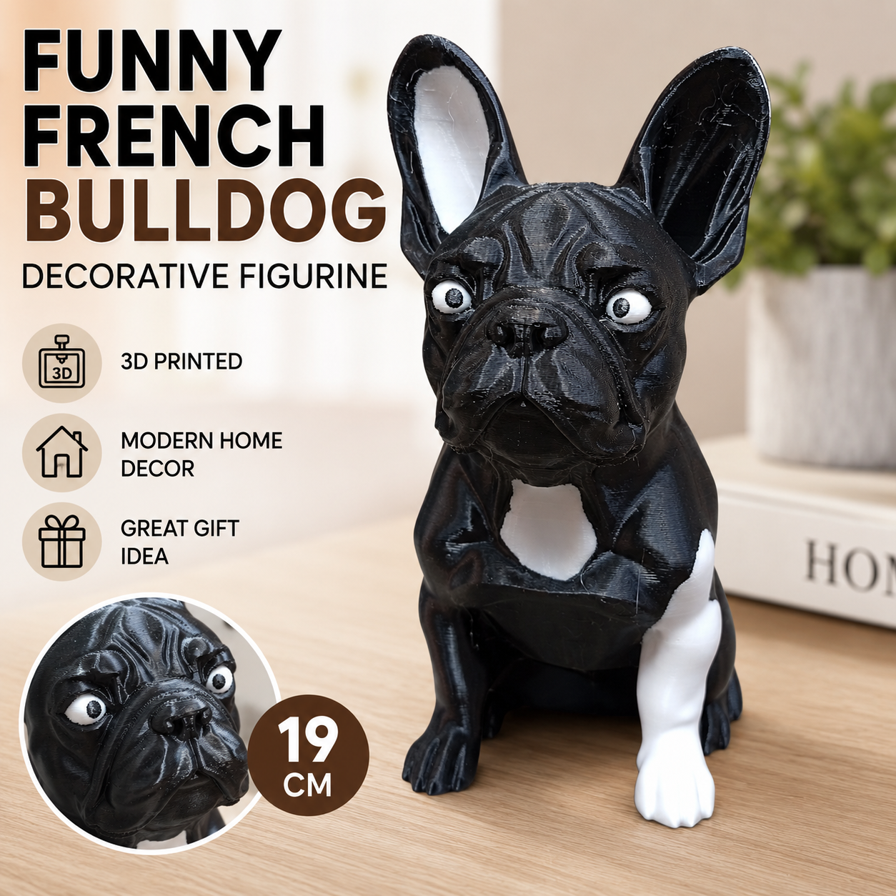 French Bulldog Decorative Figurine – Black & White 3D Printed Dog Statue – Modern Home Decor Ornament for Shelf, Desk, Living Room & Office – 19cm