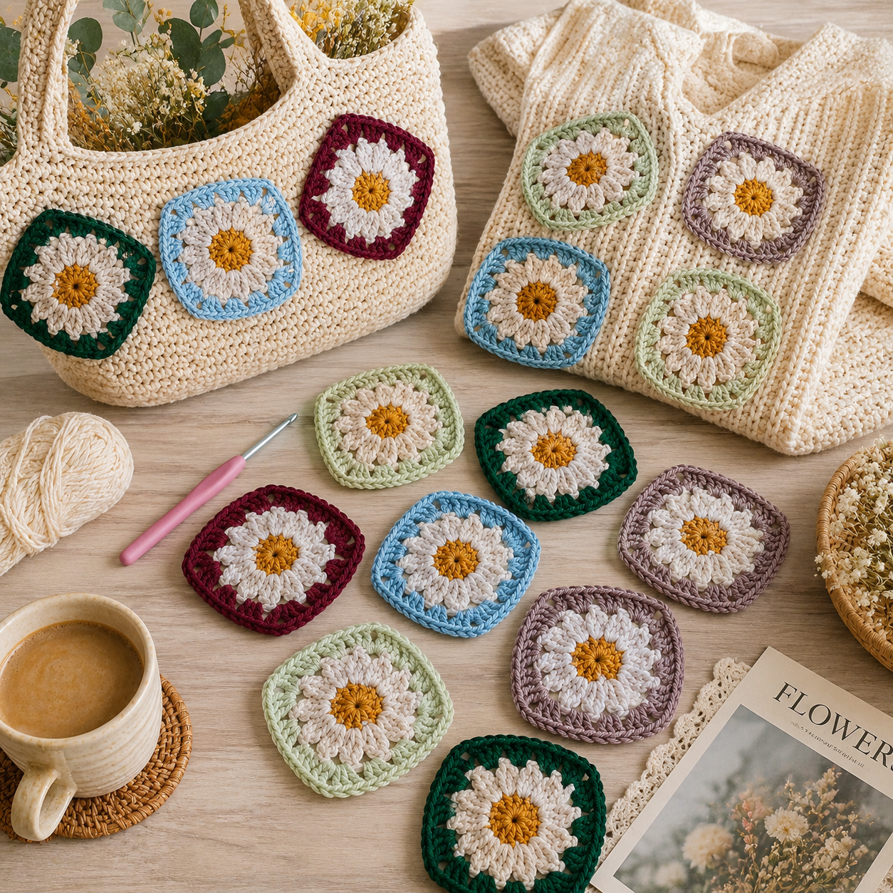10PCS Handmade Crochet Daisy Granny Squares 8x8cm – Assorted Random Colors Floral Motifs, Cotton Blend Appliques for Bags, DIY Crafts