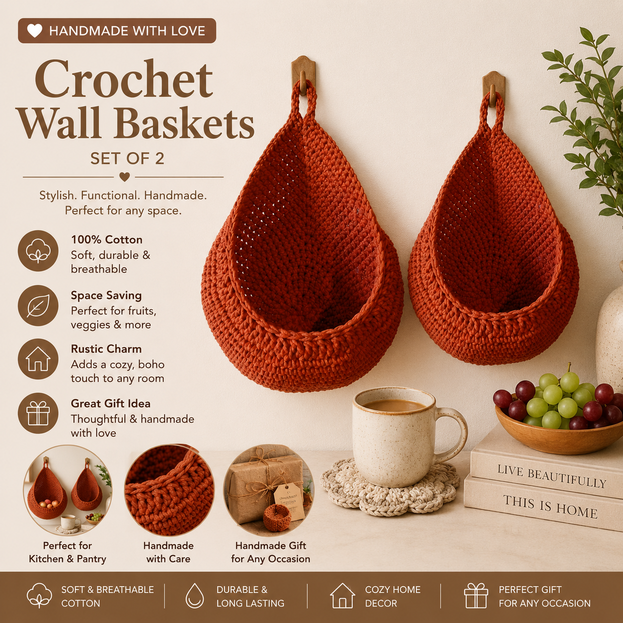 Handmade Crochet Wall Hanging Basket Set of 2 – Cotton Woven Fruit & Vegetable Storage Baskets