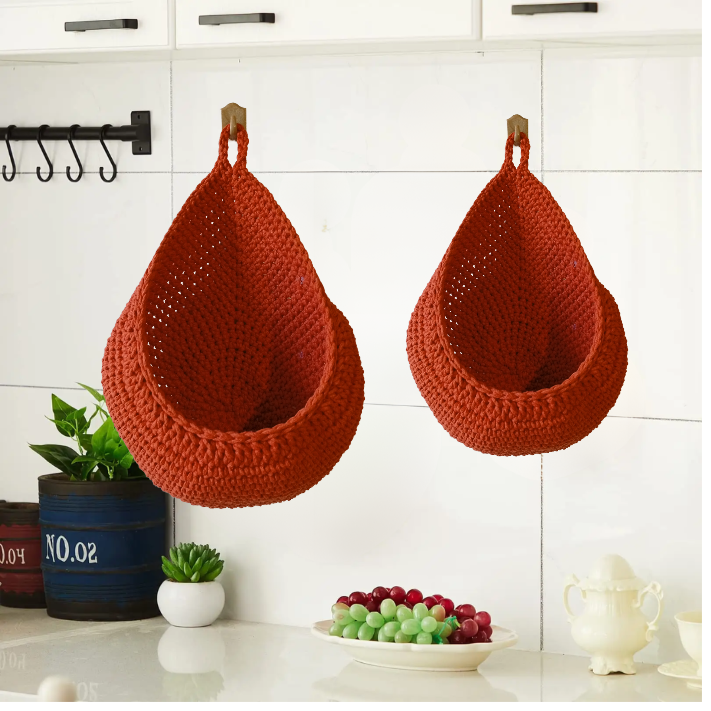 Handmade Crochet Wall Hanging Basket Set of 2 – Cotton Woven Fruit & Vegetable Storage Baskets