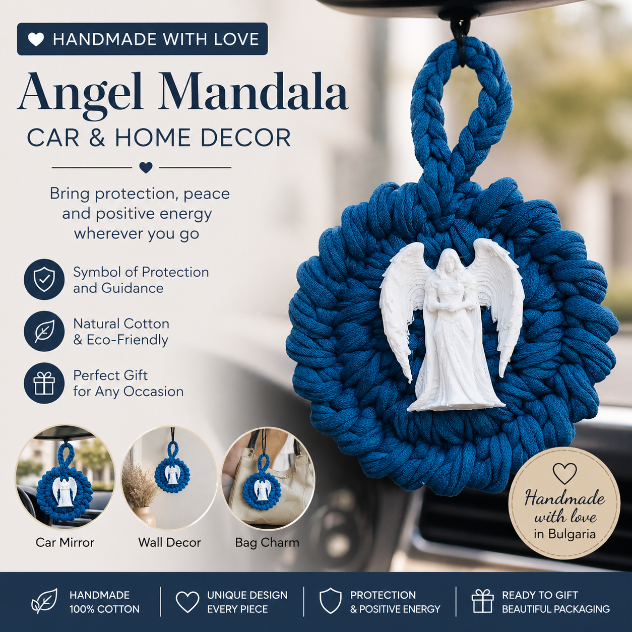 Handmade Crochet Mandala Hanging Ornament – Boho Car Mirror Charm, Cotton Wall Decor, Bag Accessory, Angel Pendant Gift