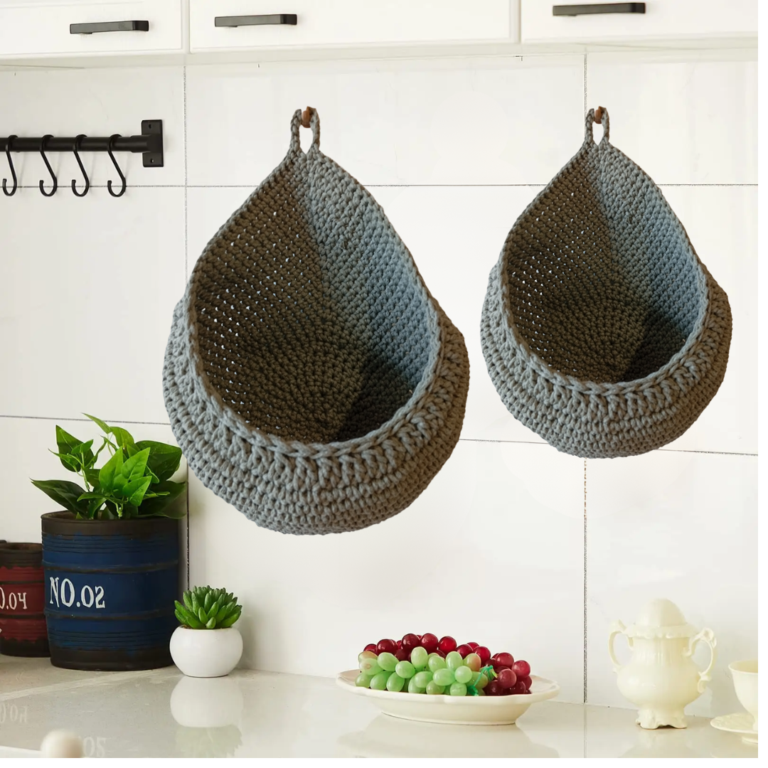 Handmade Crochet Wall Hanging Basket Set of 2 – Cotton Woven Fruit & Vegetable Storage Baskets