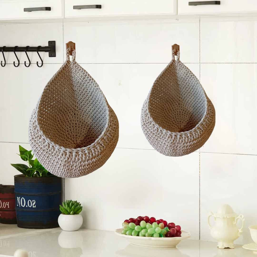Handmade Crochet Wall Hanging Basket Set of 2 – Cotton Woven Fruit & Vegetable Storage Baskets