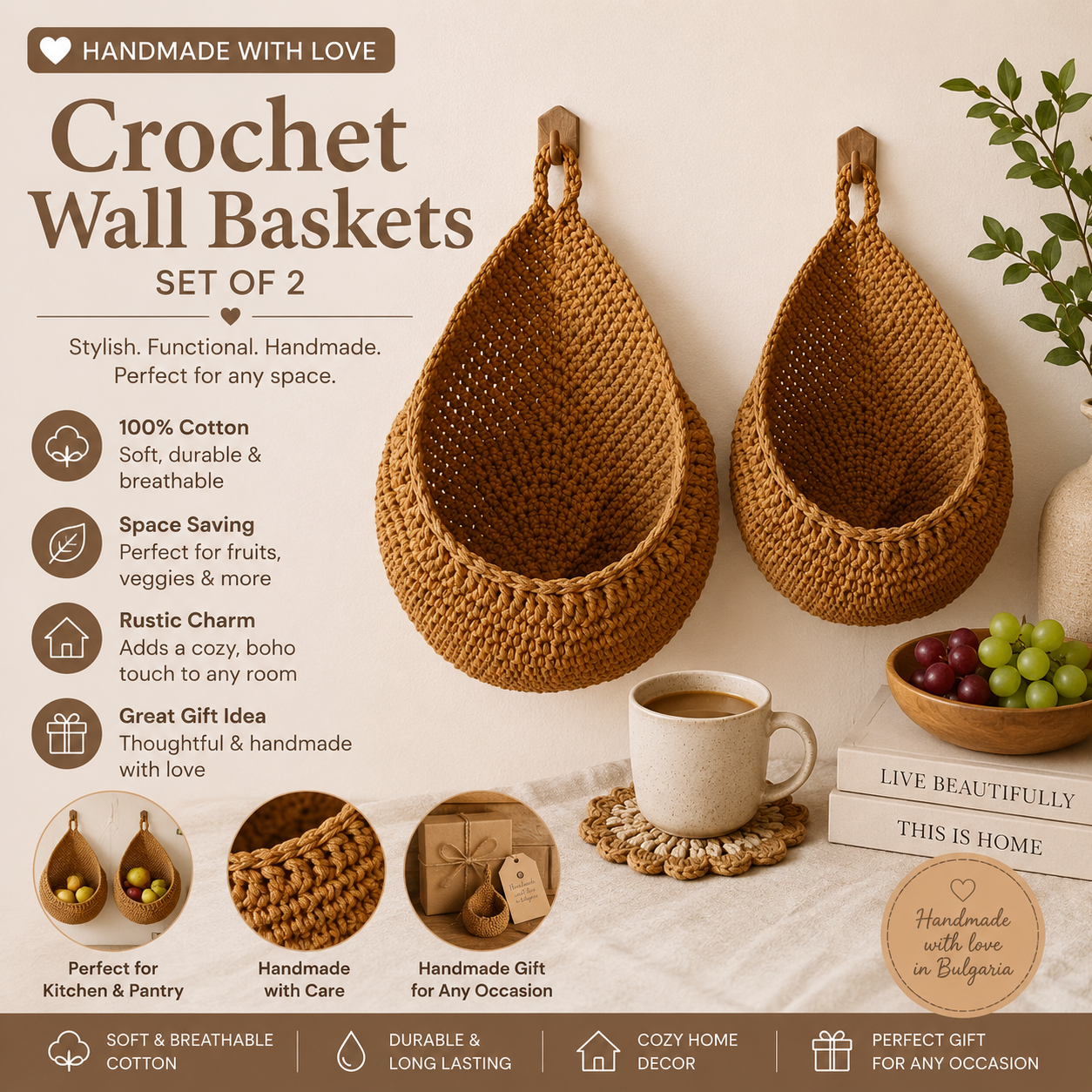 Handmade Crochet Wall Hanging Basket Set of 2 – Cotton Woven Fruit & Vegetable Storage Baskets