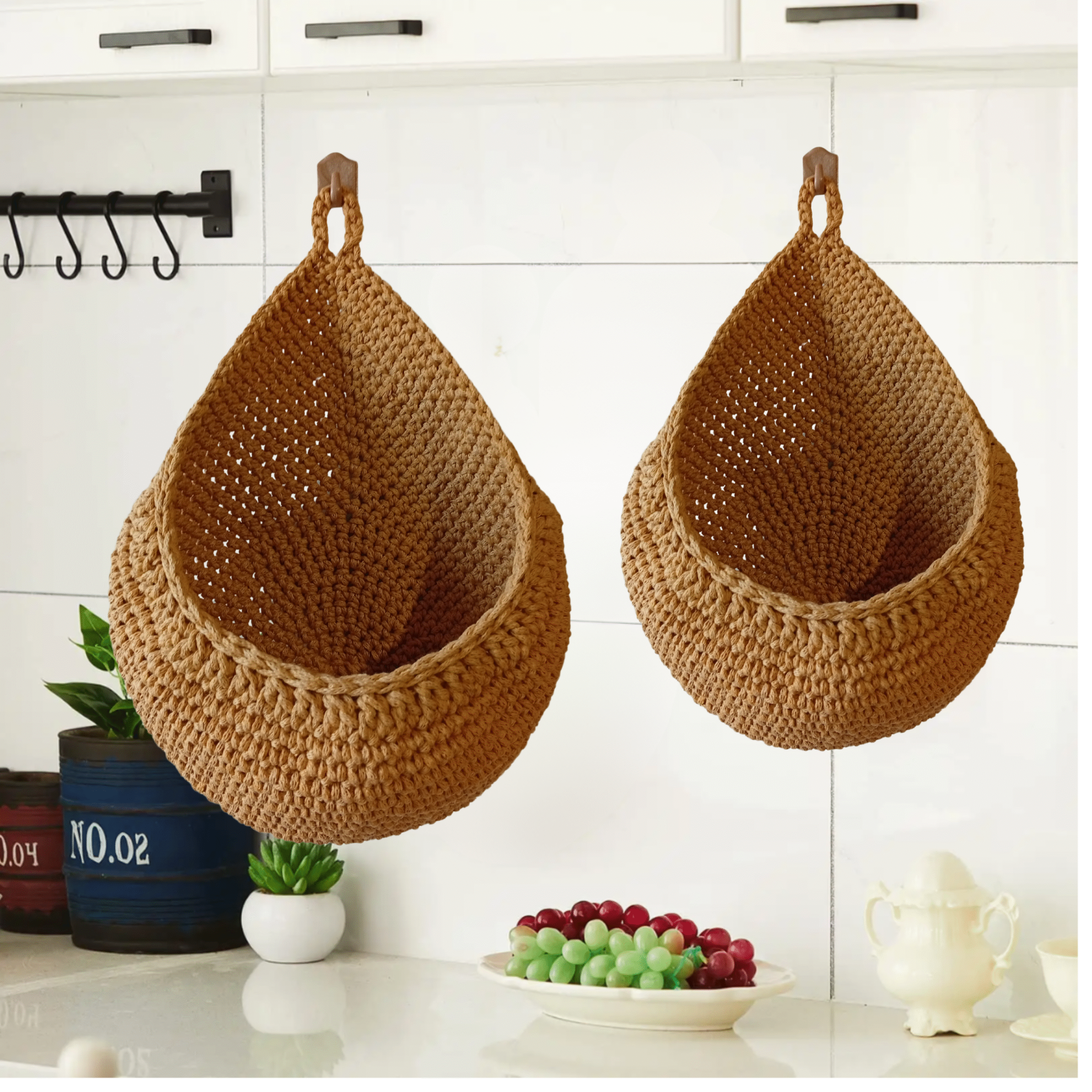 Handmade Crochet Wall Hanging Basket Set of 2 – Cotton Woven Fruit & Vegetable Storage Baskets