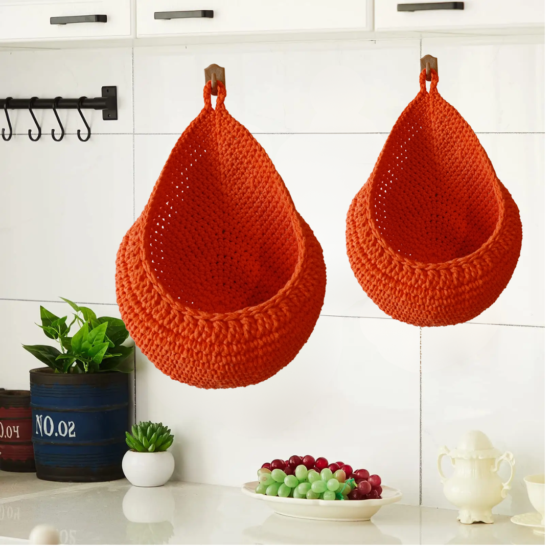 Handmade Crochet Wall Hanging Basket Set of 2 – Cotton Woven Fruit & Vegetable Storage Baskets