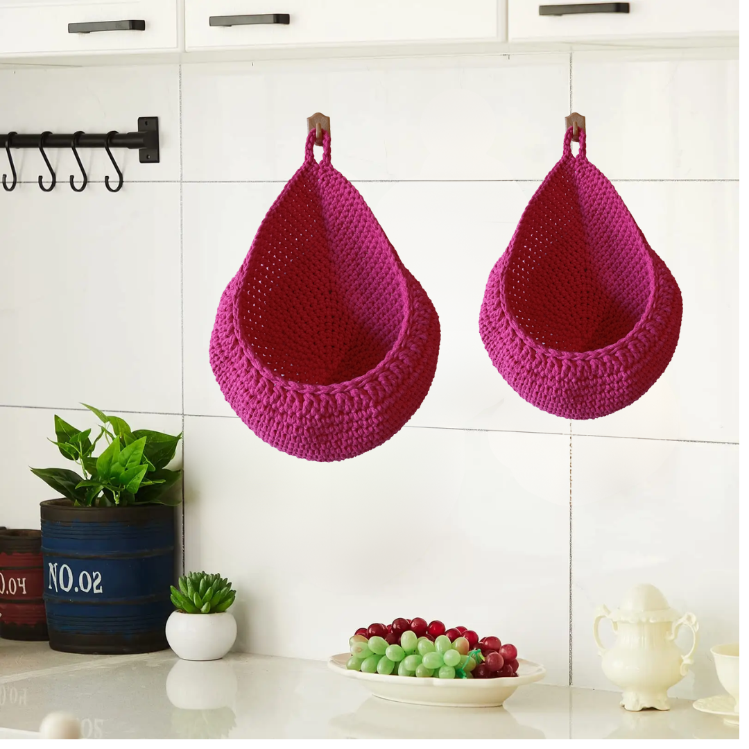 Handmade Crochet Wall Hanging Basket Set of 2 – Cotton Woven Fruit & Vegetable Storage Baskets